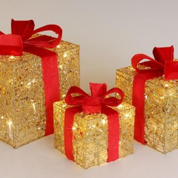 Набор декоративных подарков (3шт) с подсветкой, 15см, 20см, 25см, цвет – золото с красным бархатным бантом.