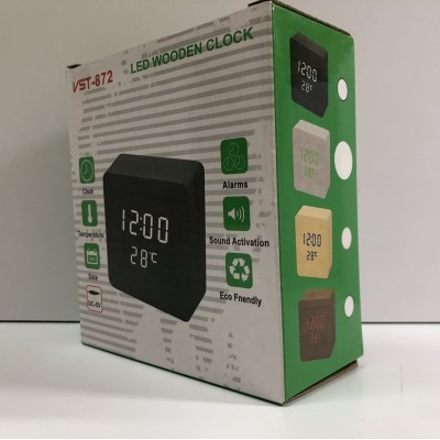 Настільний годинник з будильником від мережі та від батарейок з білим підсвічуванням/датчик темпер./дата у вигляді дерев.бруска VST-872-6